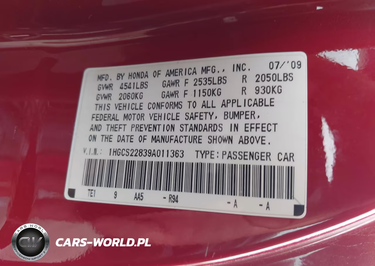 2009 Honda Accord 3.5 Ex-L VIN:1HGCS22839A011363 - 9