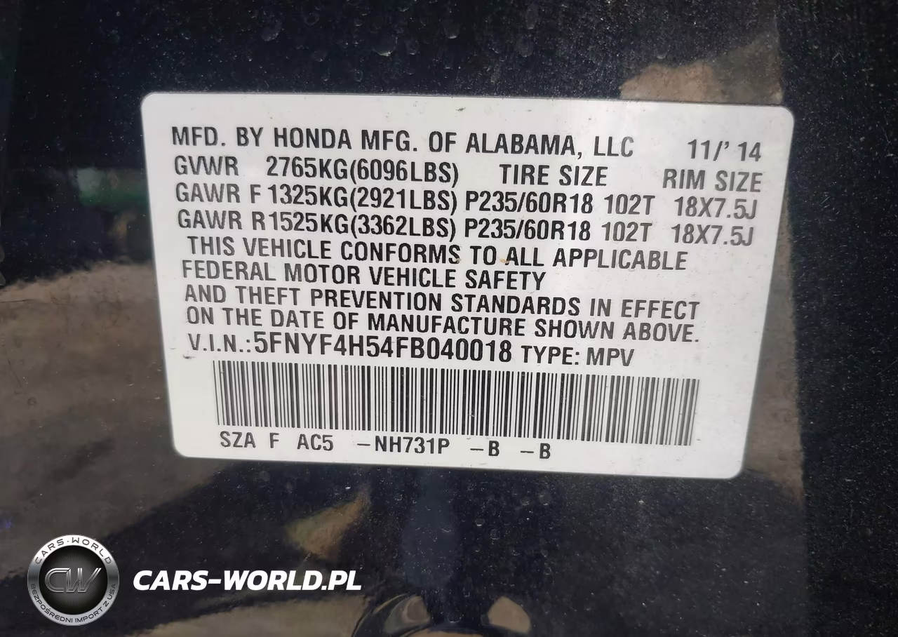 2015 Honda Pilot Ex-L VIN:5FNYF4H54FB040018 - 9