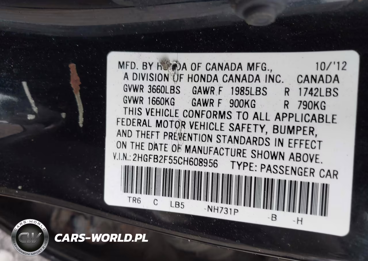 2012 Honda Civic Lx VIN:2HGFB2F55CH608956 - 9