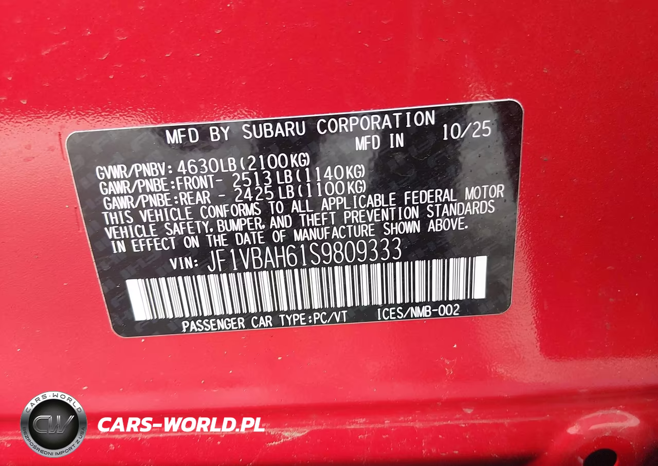 2025 Subaru Wrx Premium VIN:JF1VBAH61S9809333 - 9
