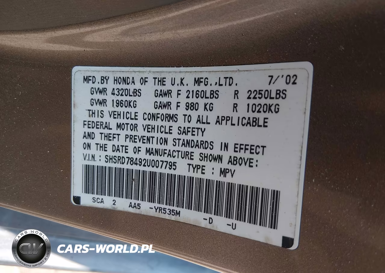 2002 Honda Cr-V Lx VIN:SHSRD78492U007795 - 9