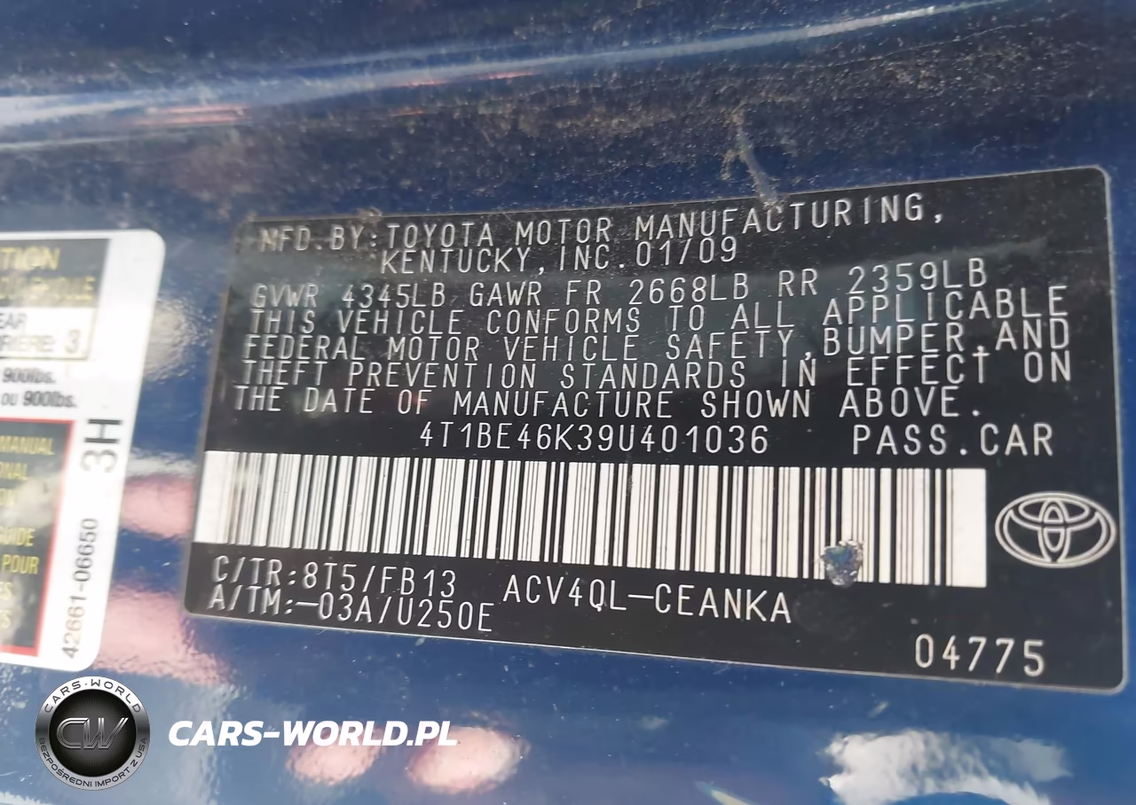 2009 Toyota Camry Le VIN:4T1BE46K39U401036 - 9