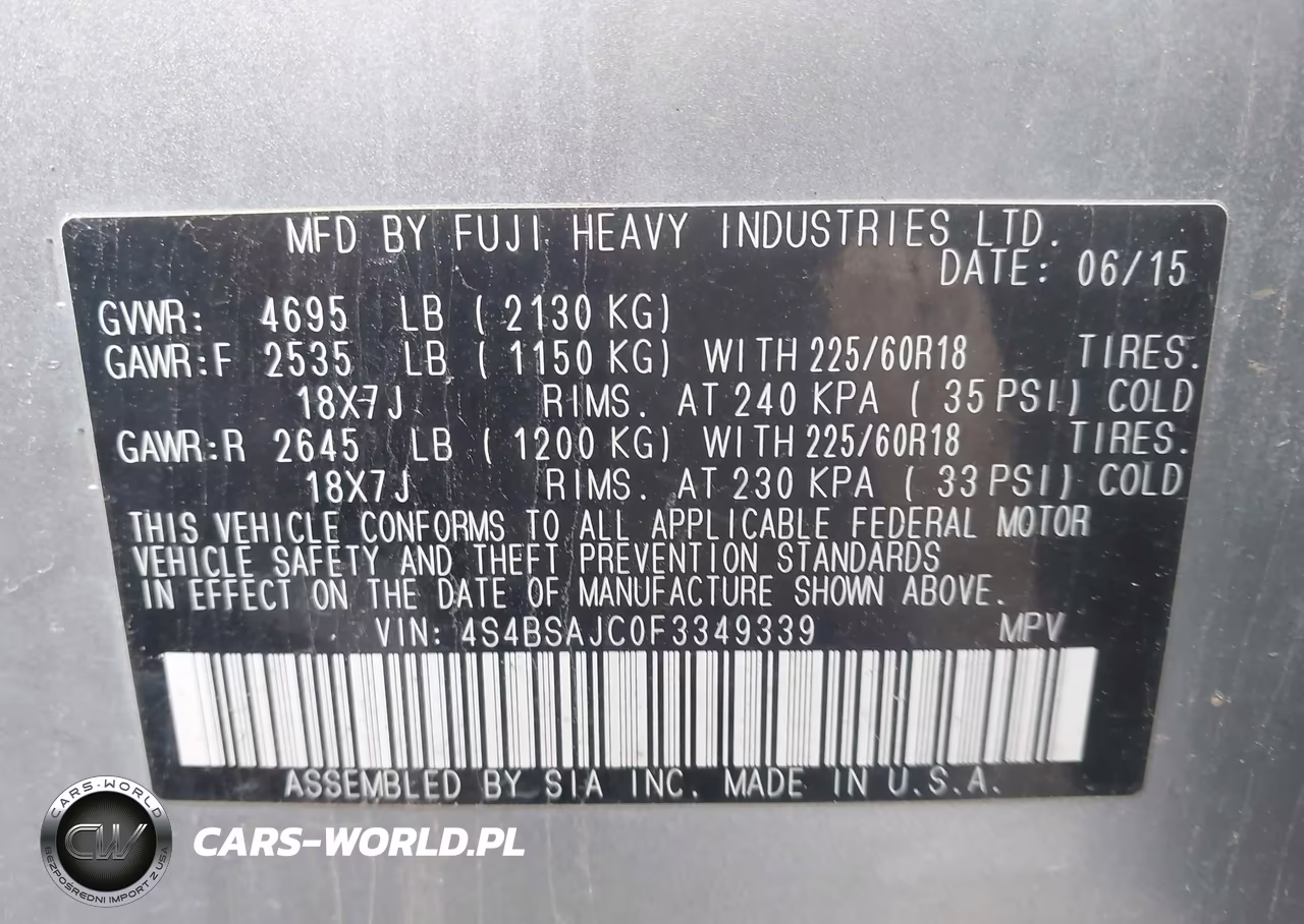 2015 Subaru Outback 2.5I Limited VIN:4S4BSAJC0F3349339 - 9
