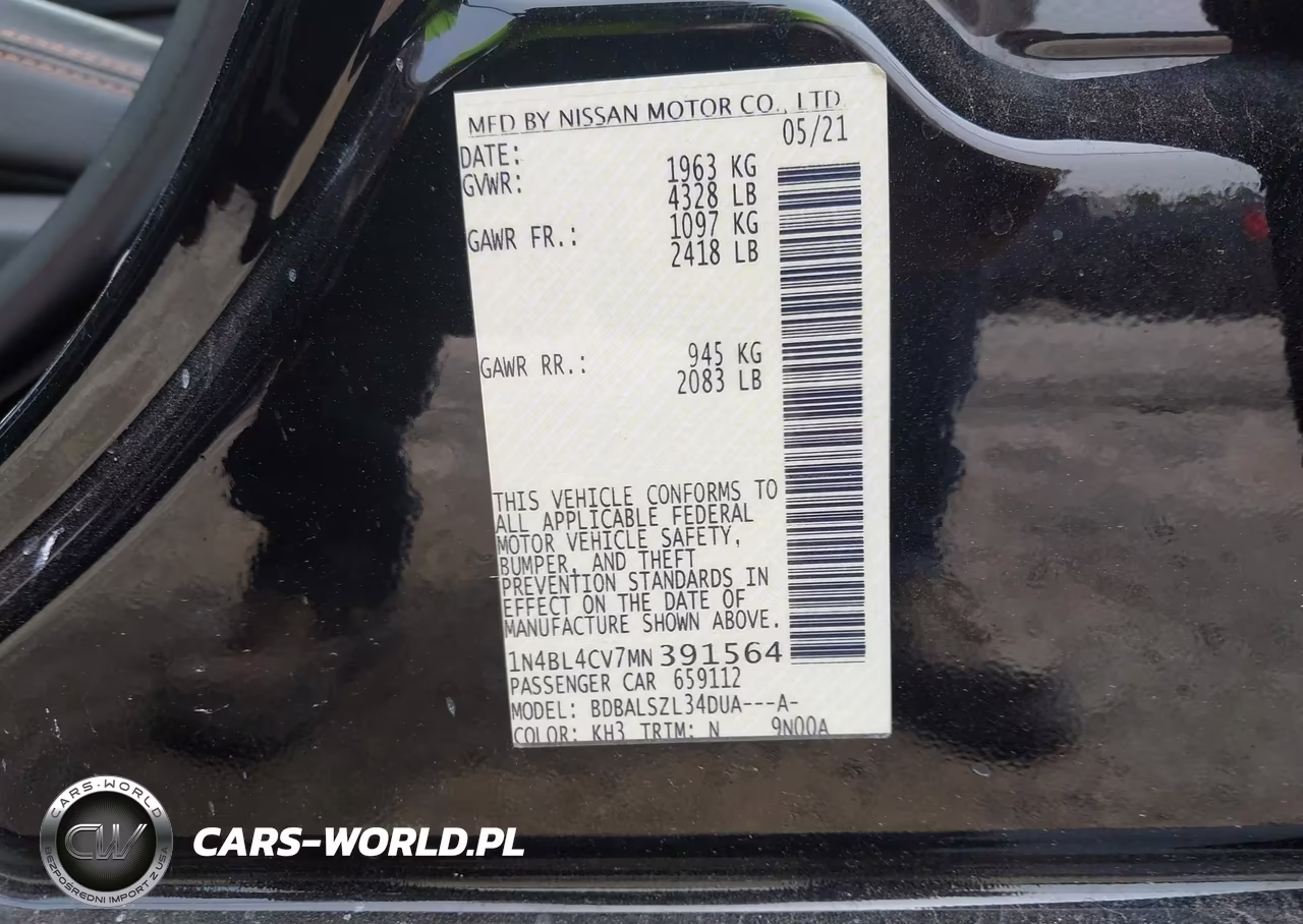 NISSAN ALTIMA SR VIN:1N4BL4CV7MN391564 - 9