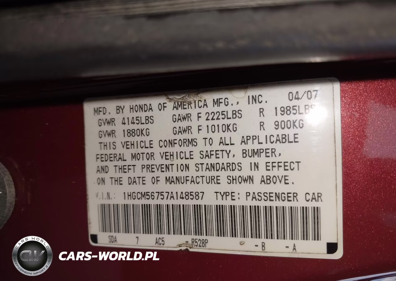 2007 Honda Accord 2.4 Ex VIN:1HGCM56757A148587 - 9