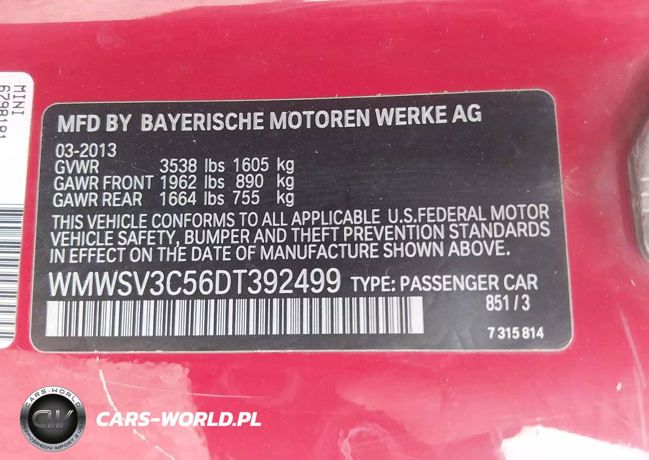 MINI HARDTOP VIN:WMWSV3C56DT392499 - 9