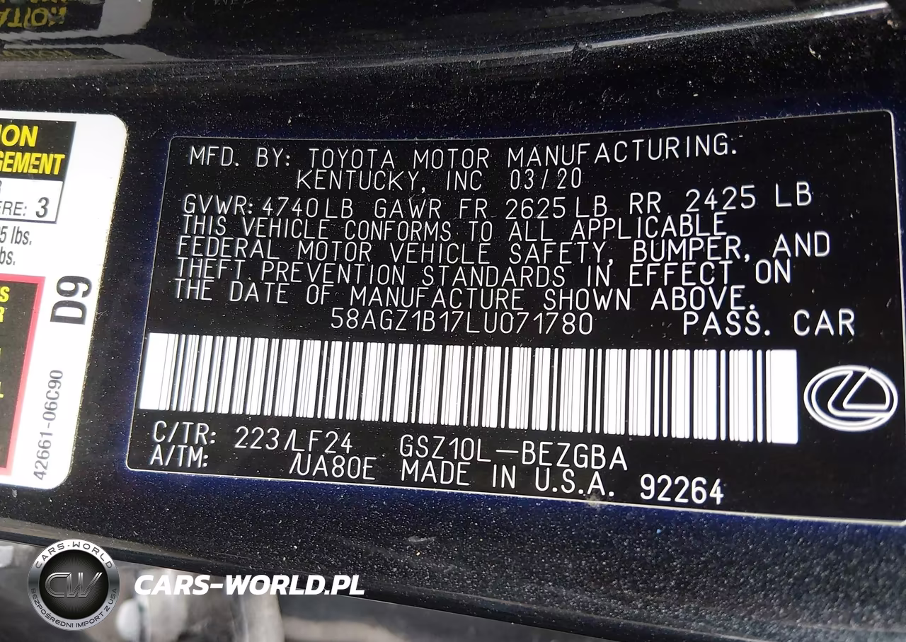 2020 Lexus Es 350 F Sport VIN:58AGZ1B17LU071780 - 9