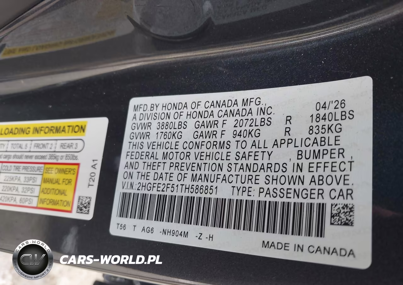 2026 Honda Civic Sport VIN:2HGFE2F51TH586851 - 9