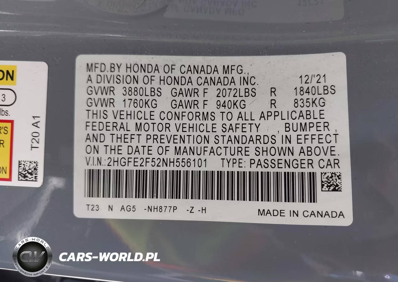 2022 Honda Civic Sport VIN:2HGFE2F52NH556101 - 9
