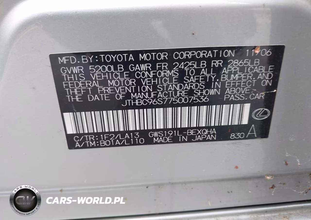 2007 Lexus Gs 450H VIN:JTHBC96S775007536 - 9