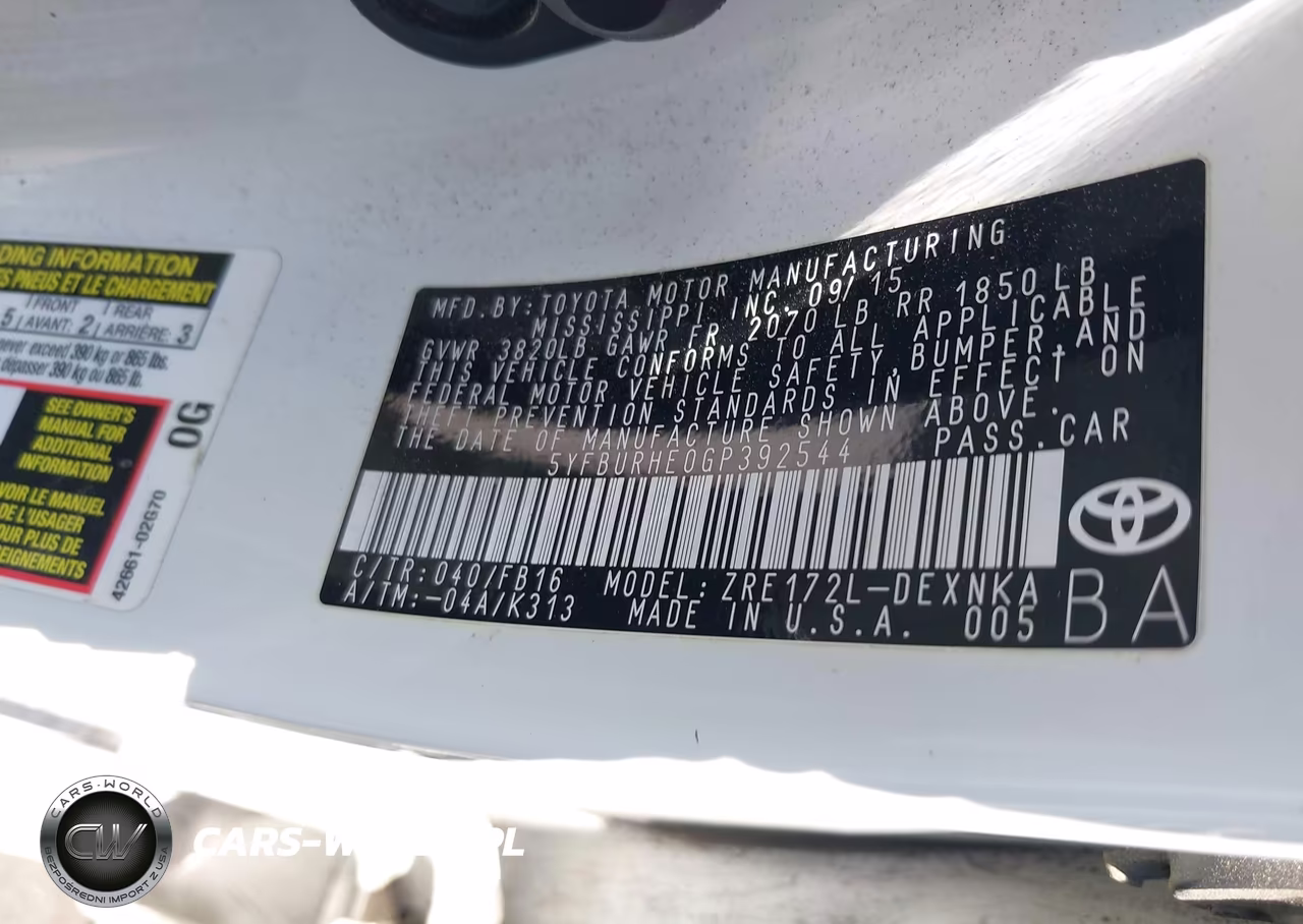 2016 Toyota Corolla Le Plus VIN:5YFBURHE0GP392544 - 9