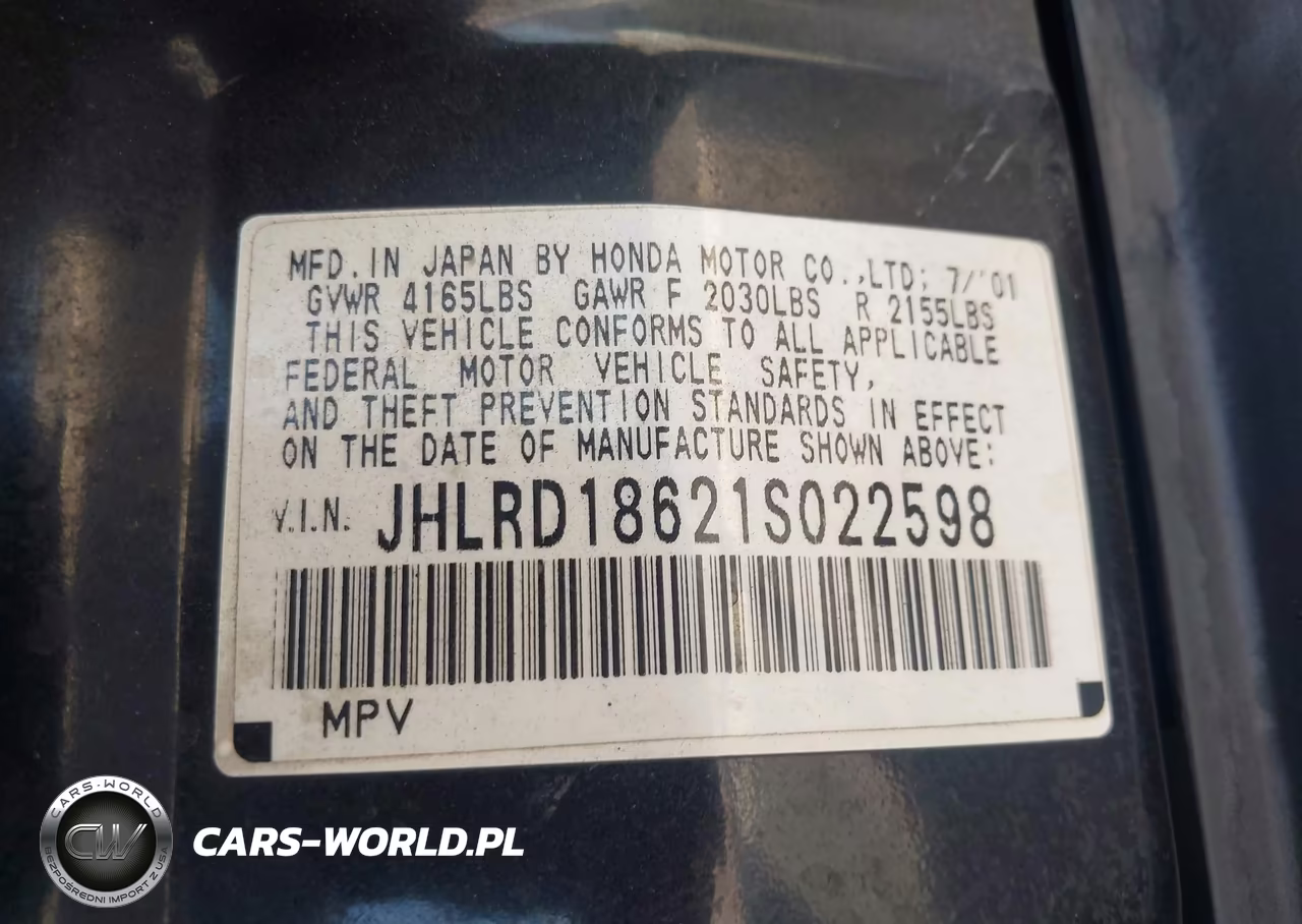 2001 Honda Cr-V Ex VIN:JHLRD18621S022598 - 9