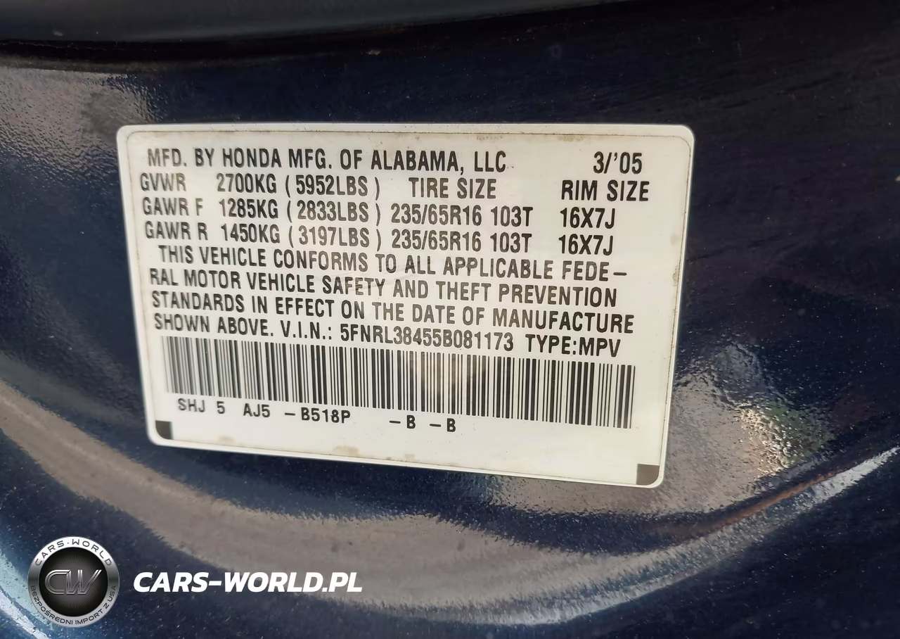 2005 Honda Odyssey Ex VIN:5FNRL38455B081173 - 9
