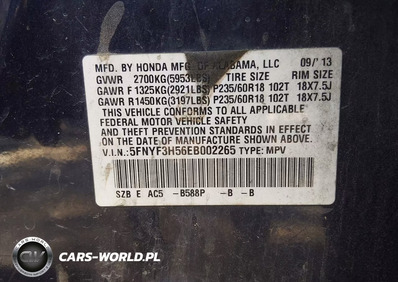2014 Honda Pilot Ex-L VIN:5FNYF3H56EB002265 - 9