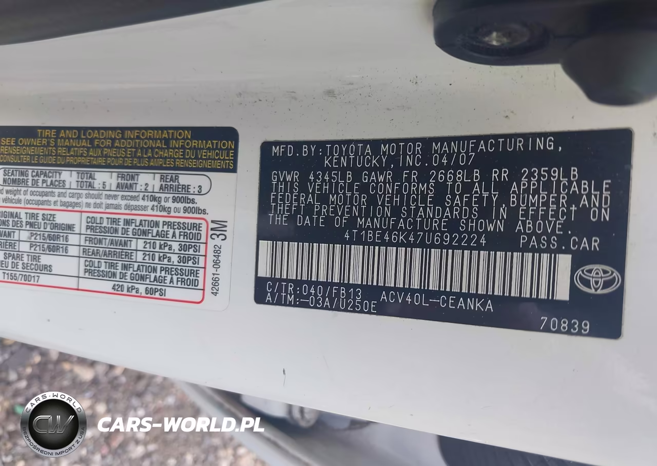 2007 Toyota Camry Le VIN:4T1BE46K47U692224 - 9