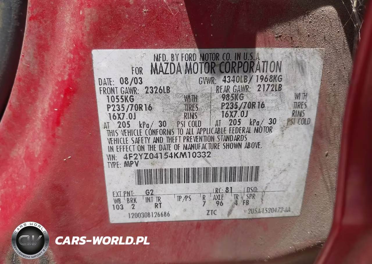 2004 Mazda Tribute Lx V6 VIN:4F2YZ04154KM10332 - 9