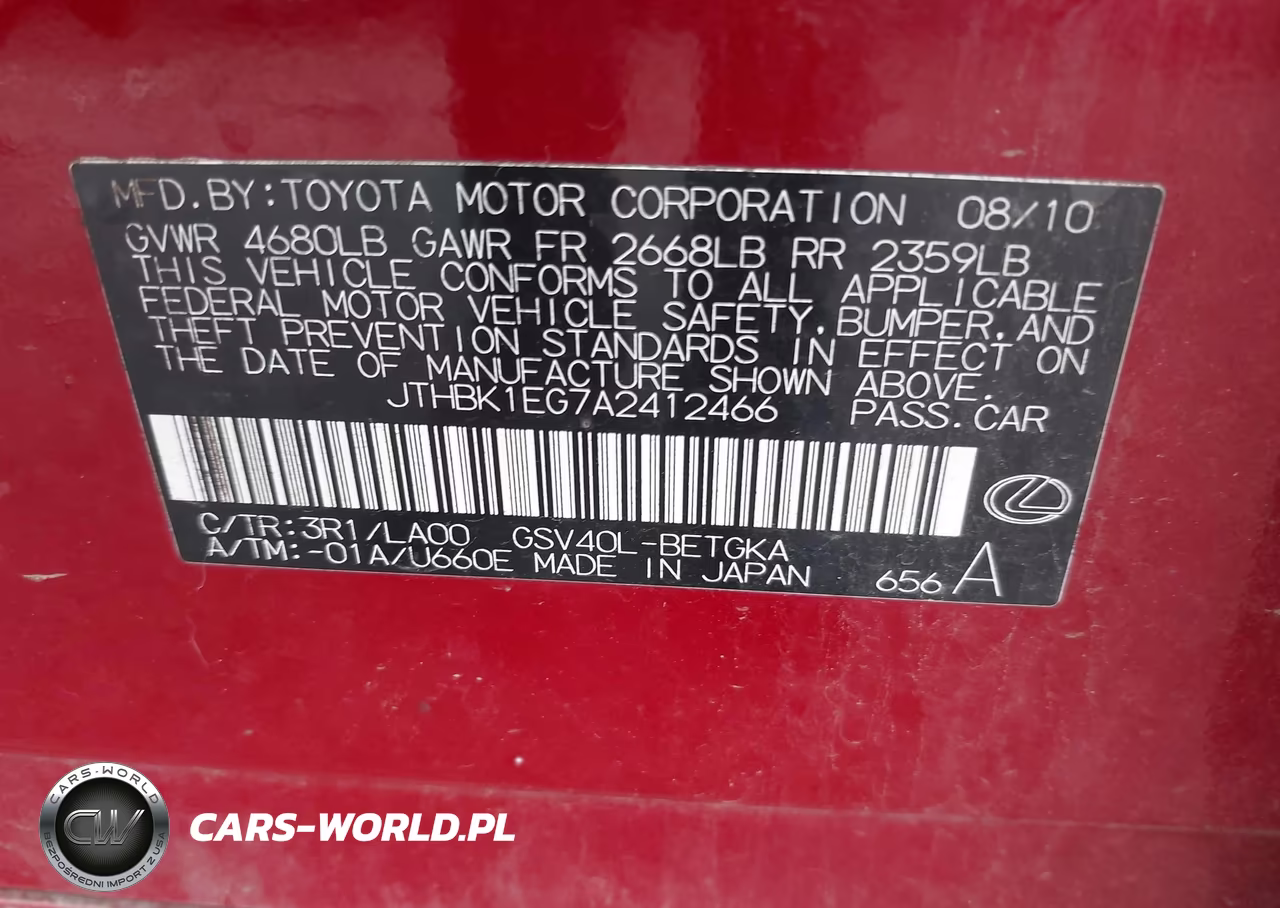 2010 Lexus Es 350 VIN:JTHBK1EG7A2412466 - 9