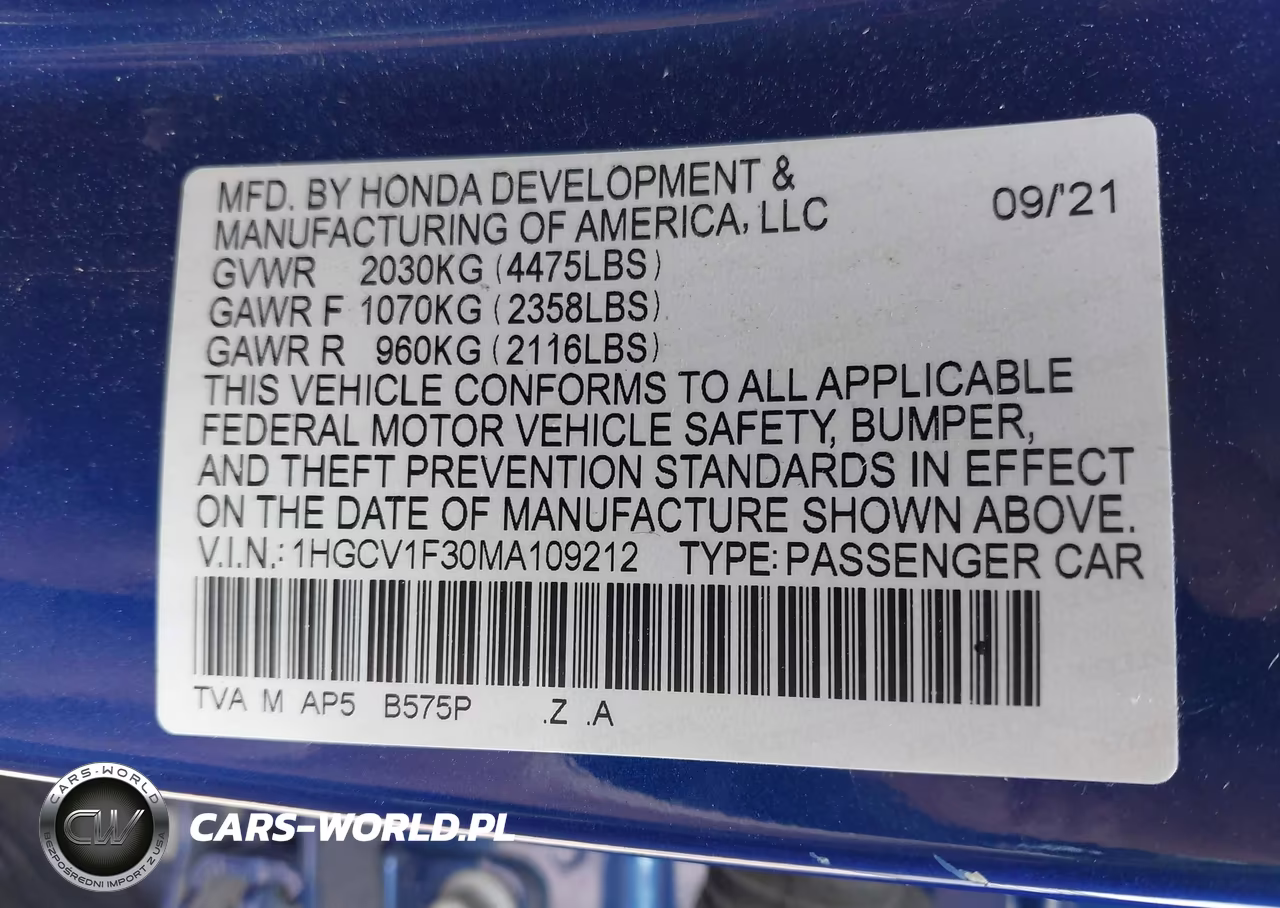 2021 Honda Accord Sport VIN:1HGCV1F30MA109212 - 9