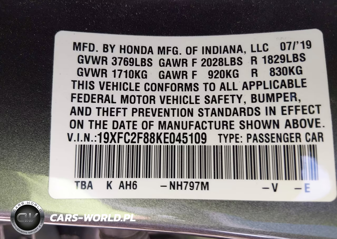 2019 Honda Civic Sport VIN:19XFC2F88KE045109 - 9