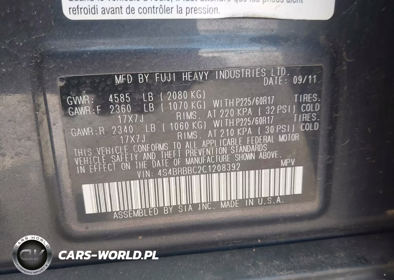 2012 Subaru Outback 2.5I Premium VIN:4S4BRBBC2C1208392 - 9