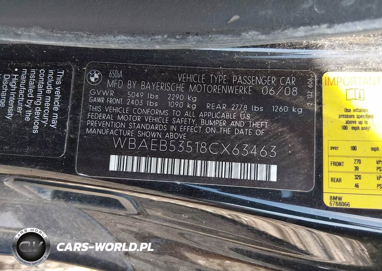 2008 BMW 650I VIN:WBAEB53518CX63463 - 9