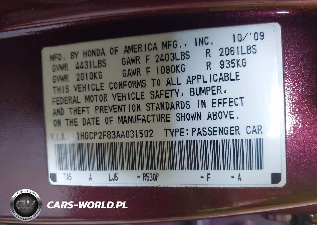2010 Honda Accord 2.4 Ex-L VIN:1HGCP2F83AA031502 - 9