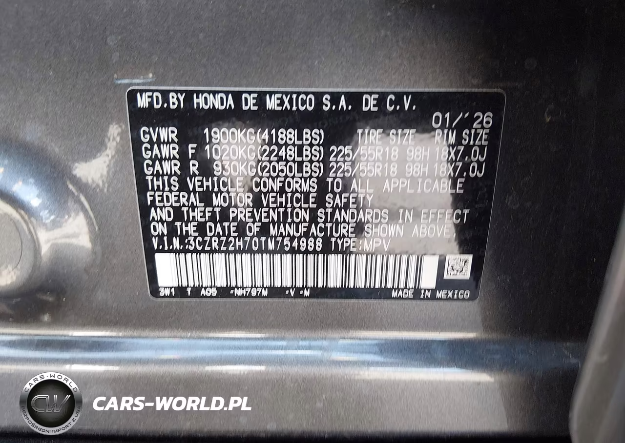 2026 Honda Hr-V Awd Ex-L VIN:3CZRZ2H70TM754988 - 9