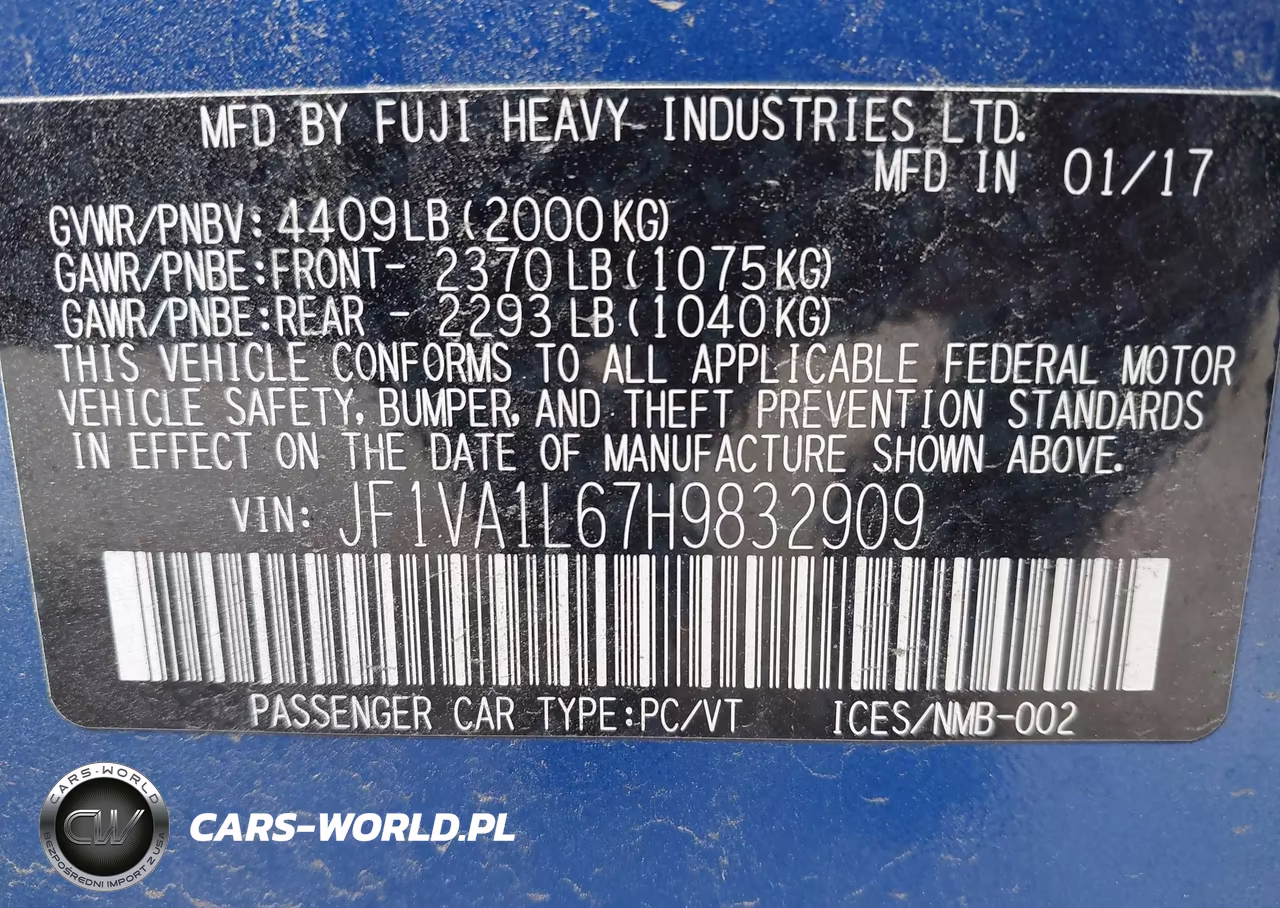 2017 Subaru Wrx Limited VIN:JF1VA1L67H9832909 - 9