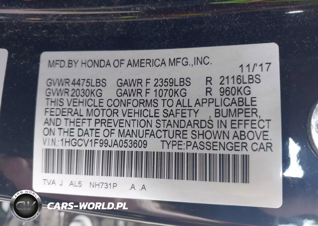 2018 Honda Accord Touring VIN:1HGCV1F99JA053609 - 9
