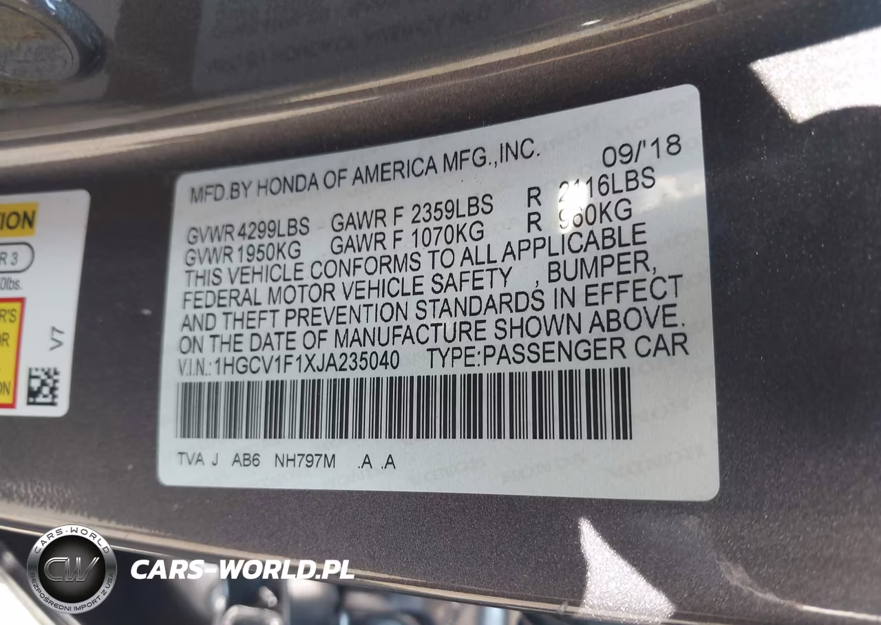2018 Honda Accord Lx VIN:1HGCV1F1XJA235040 - 9