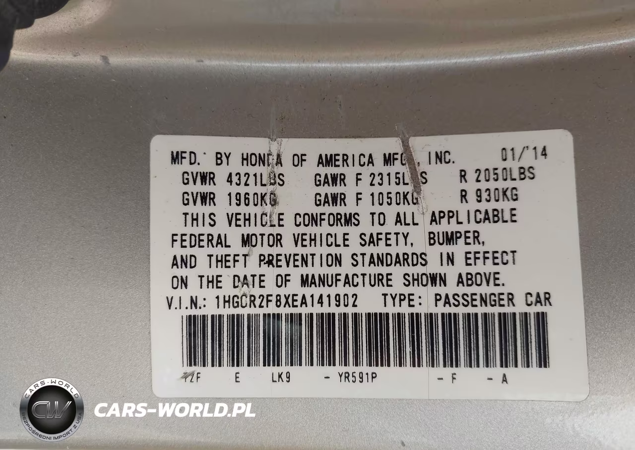 2014 Honda Accord Ex-L VIN:1HGCR2F8XEA141902 - 9