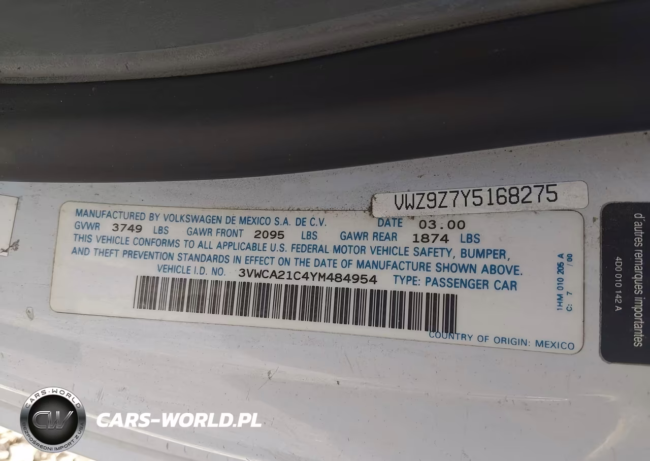 2000 Volkswagen New Beetle Gls VIN:3VWCA21C4YM484954 - 9