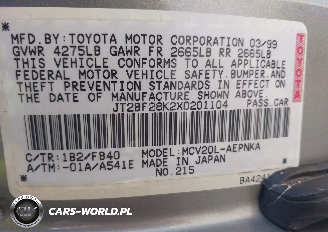 1999 Toyota Camry Le V6 VIN:JT2BF28K2X0201104 - 9