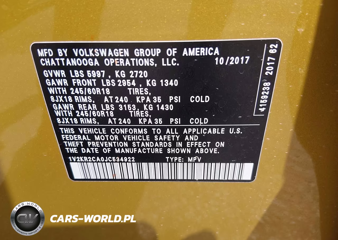 2018 Volkswagen Atlas 3.6L V6 Se VIN:1V2KR2CA0JC534922 - 9
