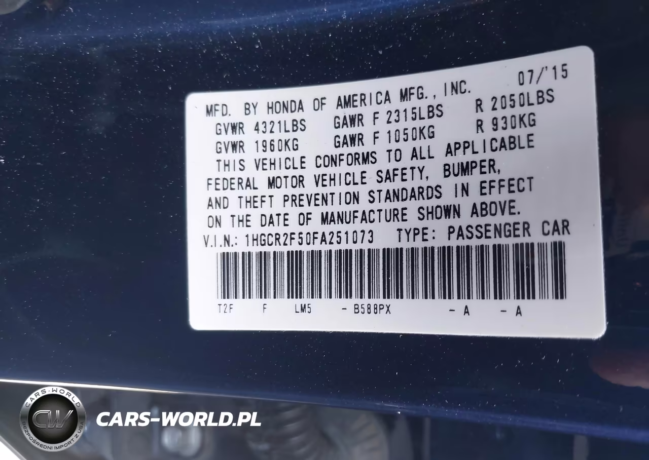 2015 Honda Accord Sport VIN:1HGCR2F50FA251073 - 9