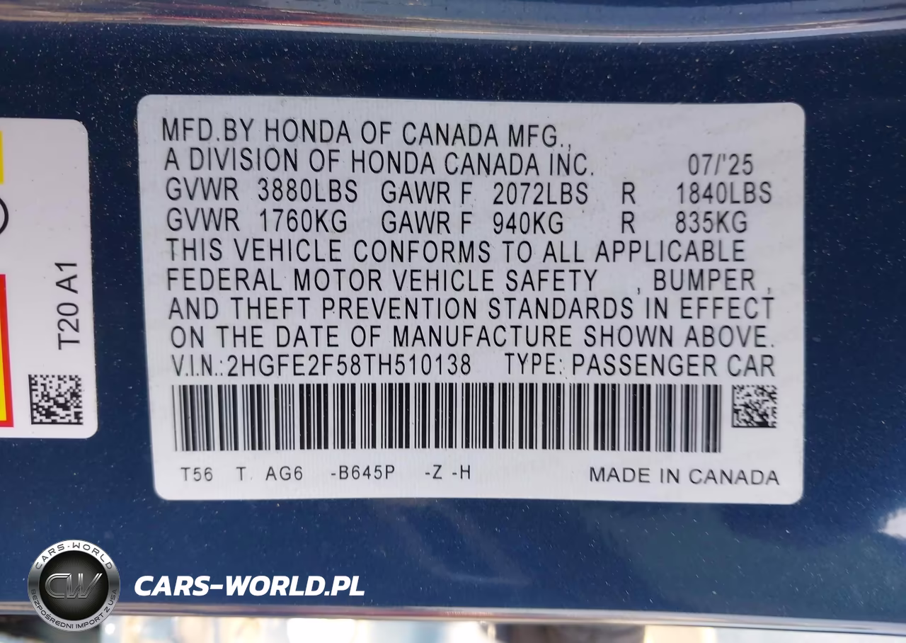 2026 Honda Civic Sport VIN:2HGFE2F58TH510138 - 9