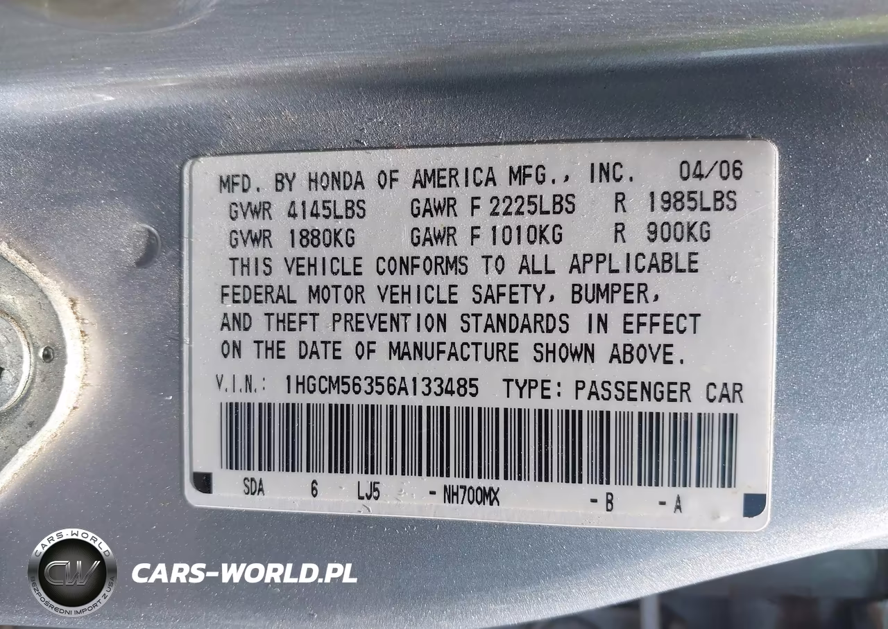 2006 Honda Accord 2.4 Se VIN:1HGCM56356A133485 - 9