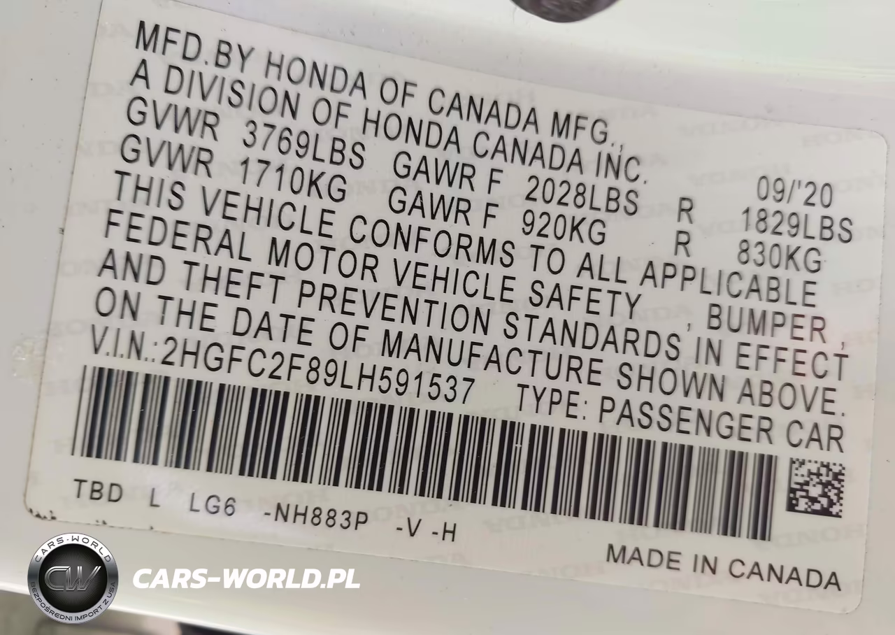 2020 Honda Civic Sport VIN:2HGFC2F89LH591537 - 9