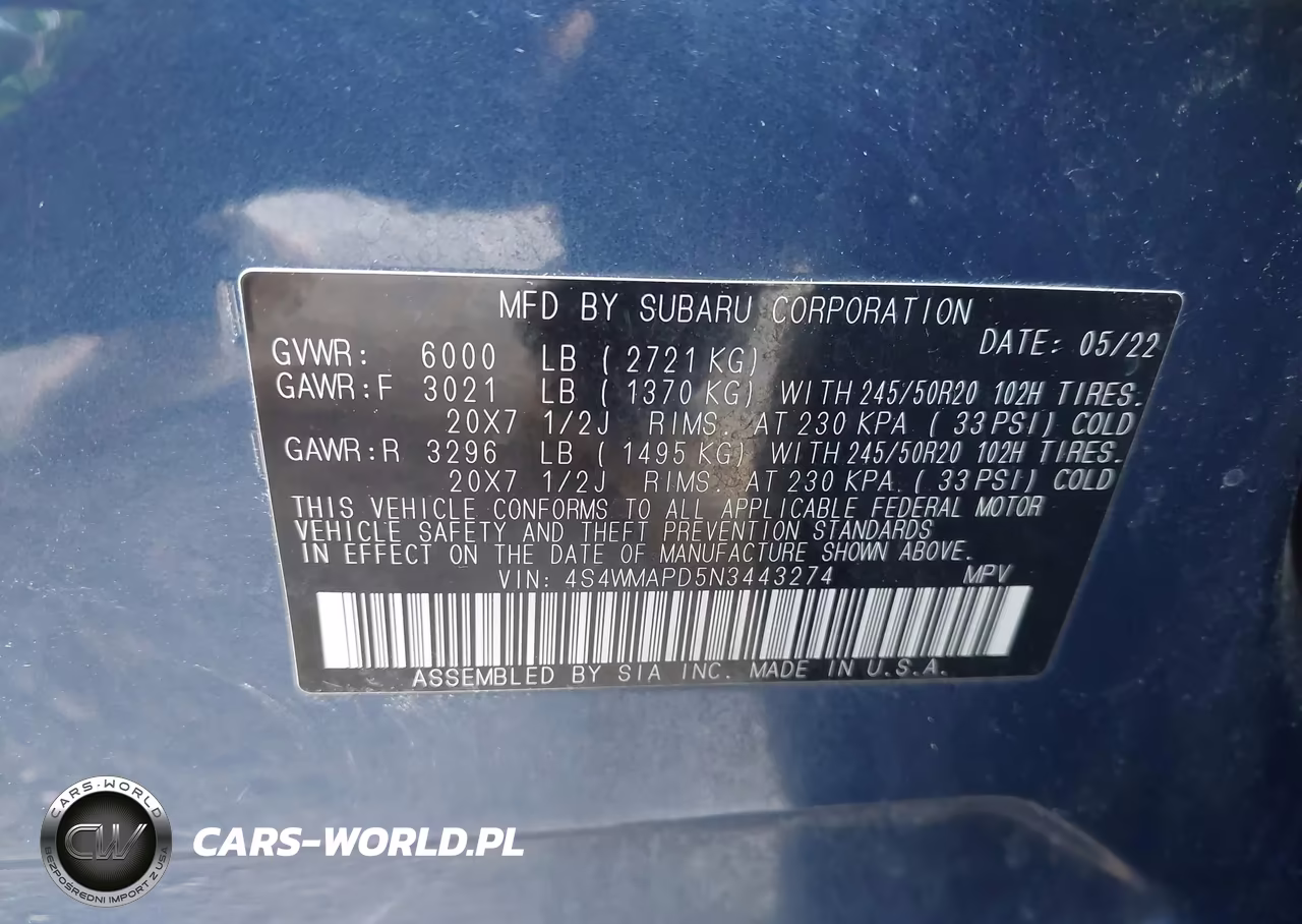 2022 Subaru Ascent Limited VIN:4S4WMAPD5N3443274 - 9