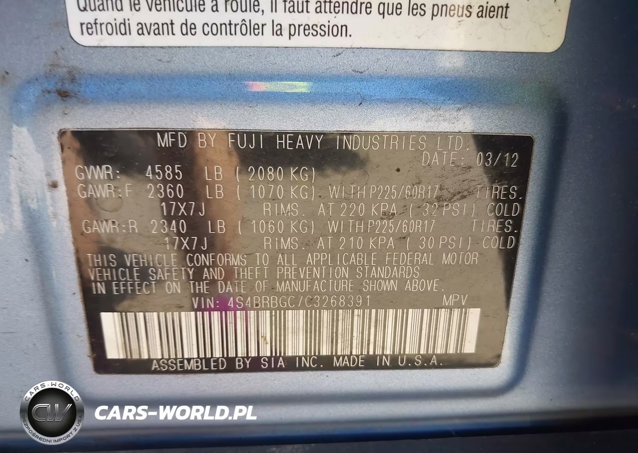 2012 Subaru Outback 2.5I Premium VIN:4S4BRBGC7C3268391 - 9