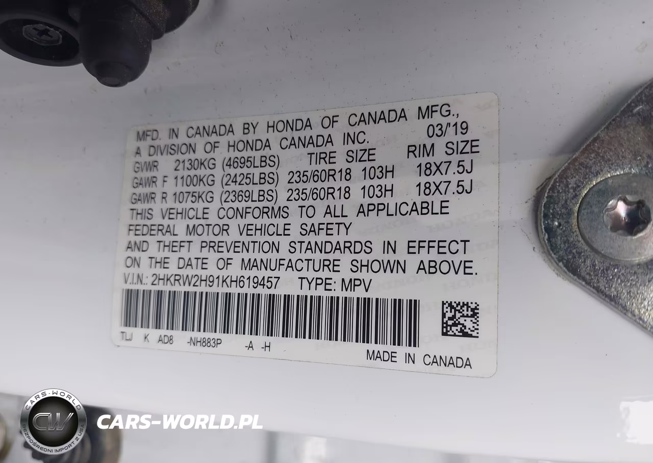2019 Honda Cr-V Touring VIN:2HKRW2H91KH619457 - 9