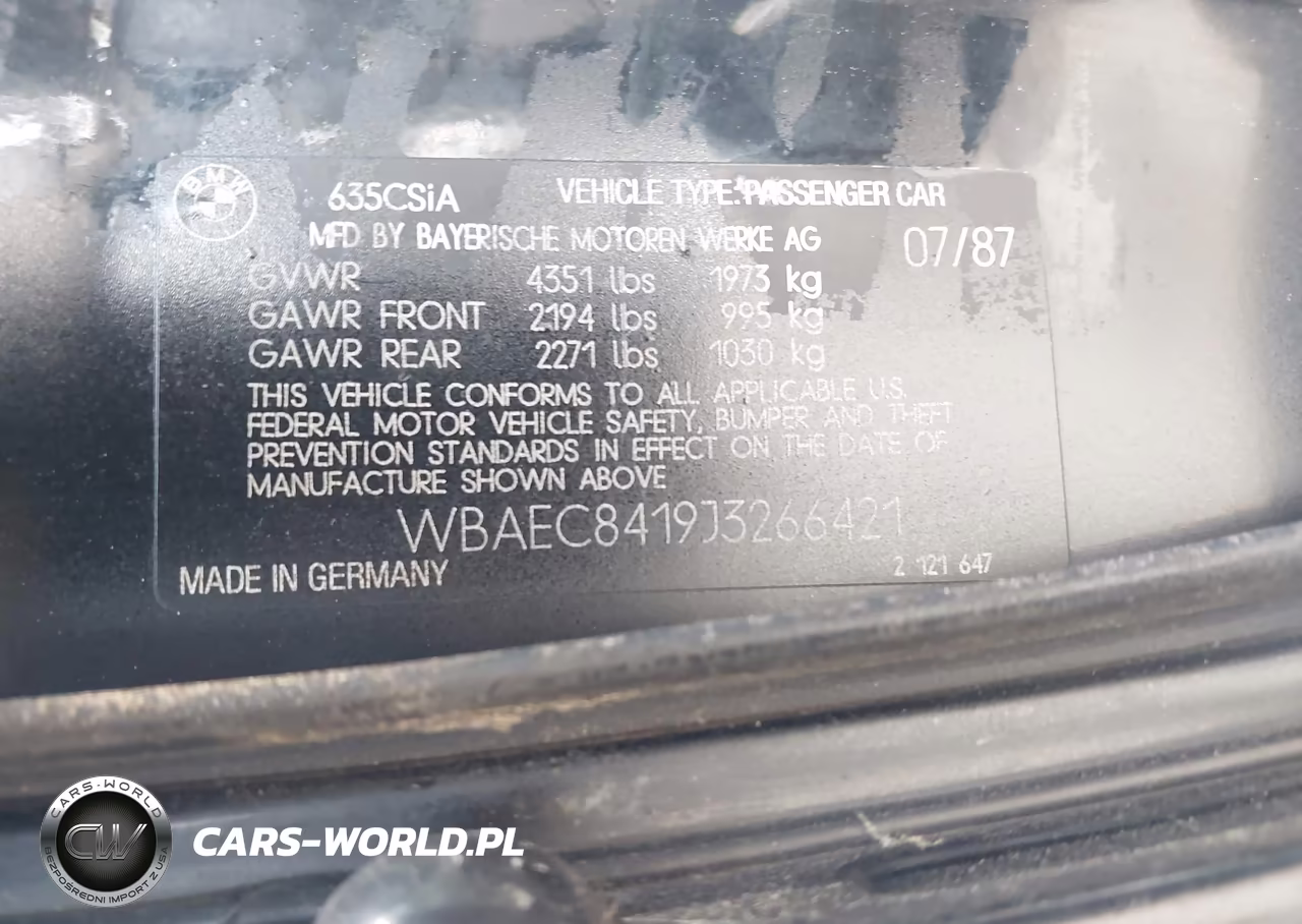 1988 BMW 635 Csi Automatic VIN:WBAEC8419J3266421 - 9