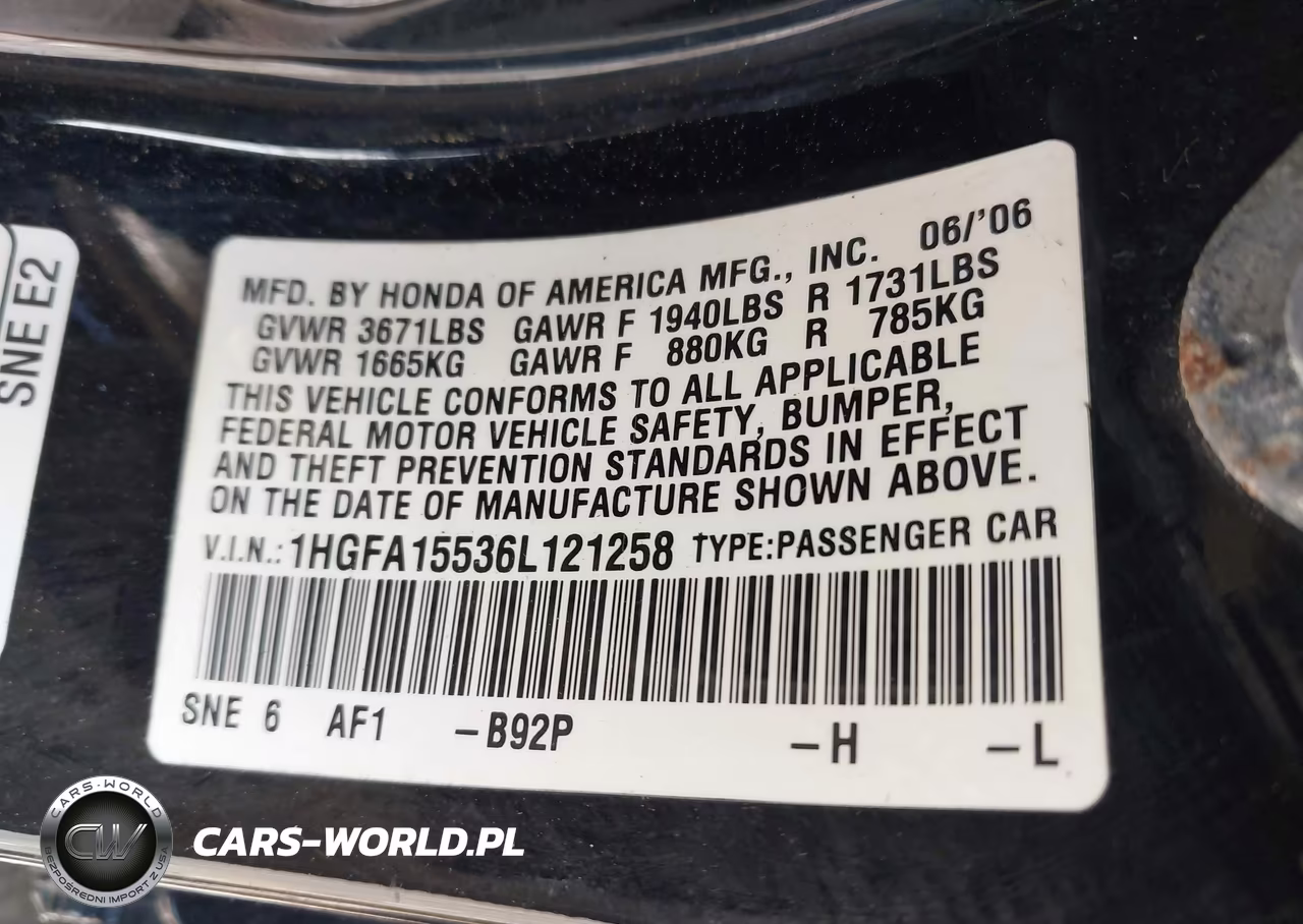 2006 Honda Civic Lx VIN:1HGFA15536L121258 - 9