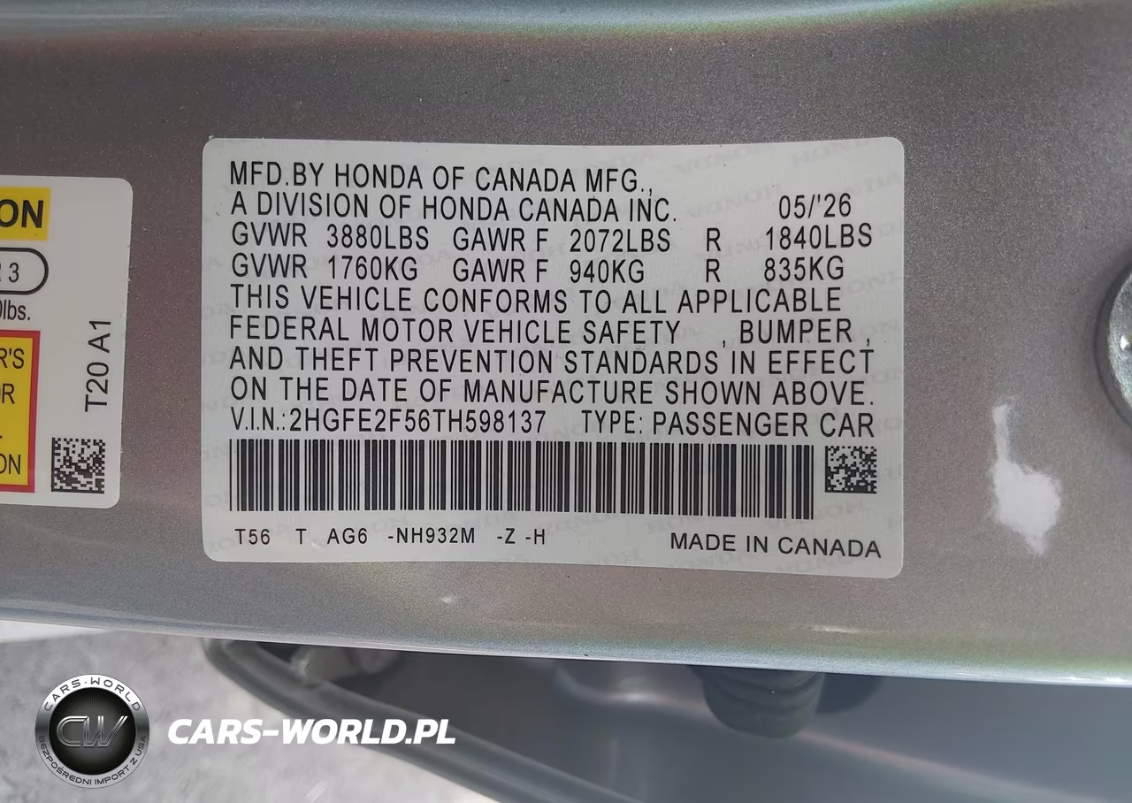 2026 Honda Civic Sport VIN:2HGFE2F56TH598137 - 9