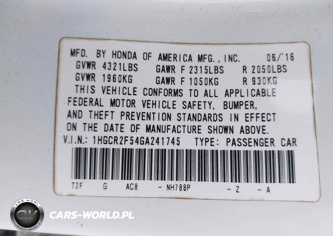 2016 Honda Accord Sport VIN:1HGCR2F54GA241745 - 9