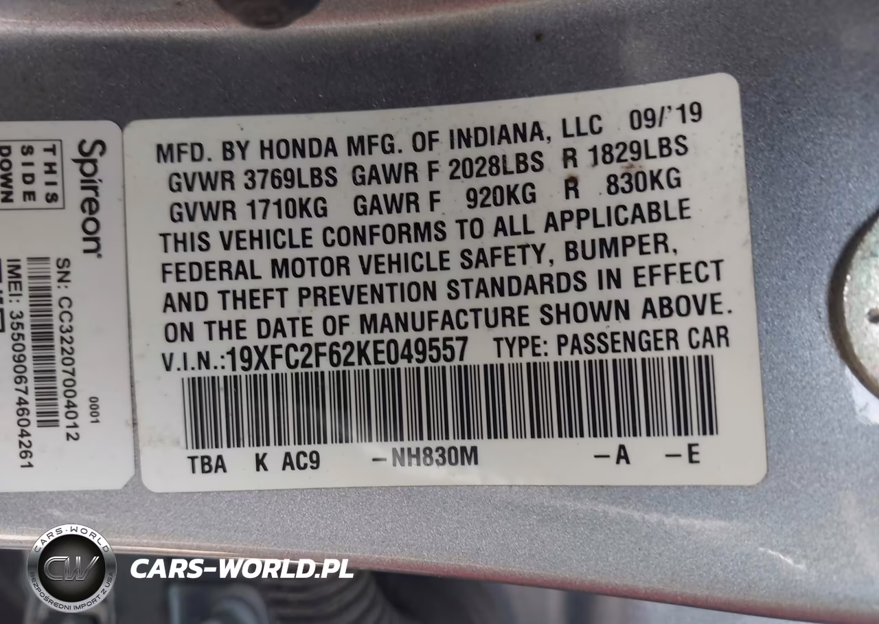 2019 Honda Civic Lx VIN:19XFC2F62KE049557 - 9