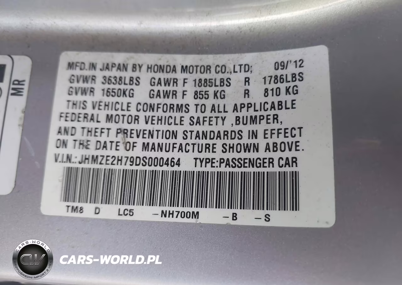 2013 Honda Insight Ex VIN:JHMZE2H79DS000464 - 9