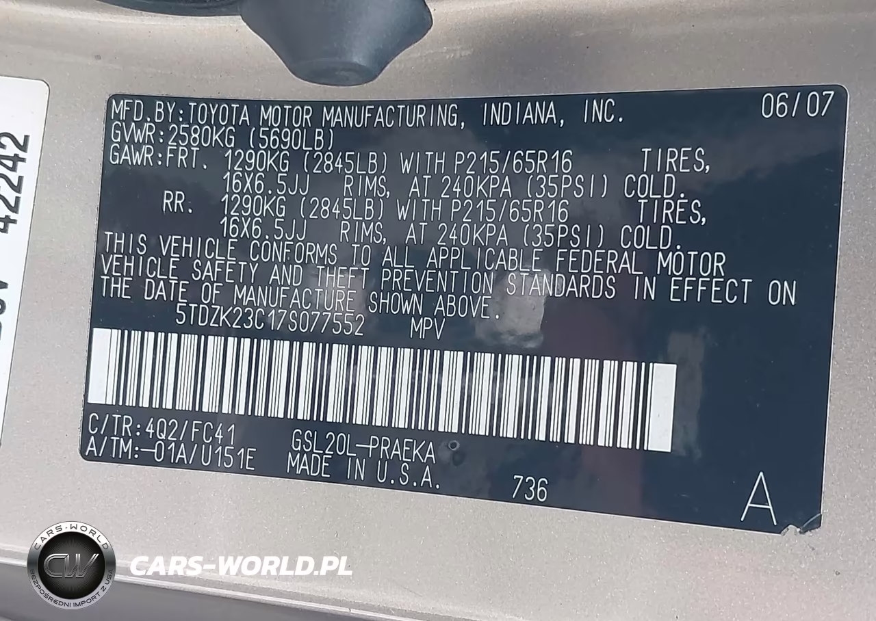 2007 Toyota Sienna Le VIN:5TDZK23C17S077552 - 9