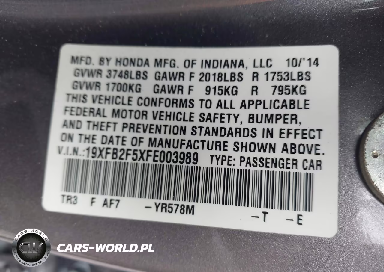 2015 Honda Civic Lx VIN:19XFB2F5XFE003989 - 9