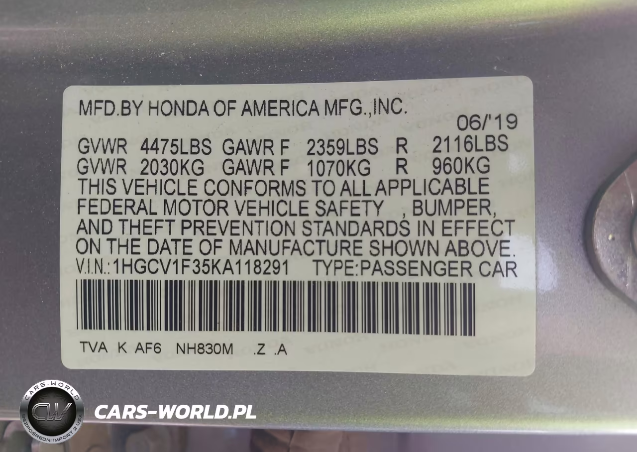 2019 Honda Accord Sport VIN:1HGCV1F35KA118291 - 9